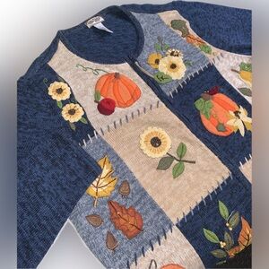 Vintage Fall Autumn Harvest Tiara Blue Patchwork Embroidered Knit Zip Sweater 1X
